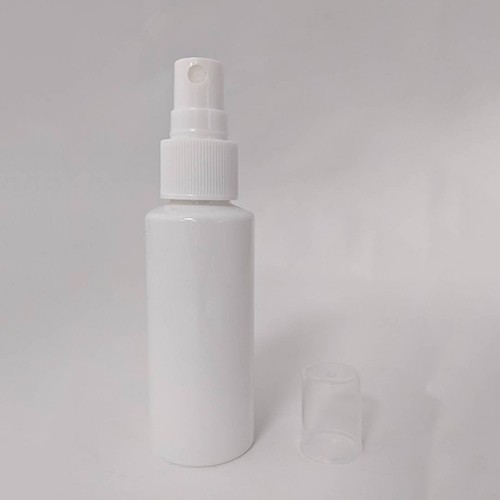 Useful empty 50ml cylinder shape plastic PET bottle solid white color with ribbed collar plastic sprayer and transparent cap