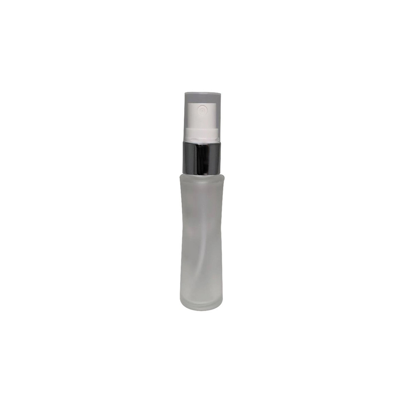 Handy design empty 25ml unique shape glass bottle with plastic electroplated silver collar for facial mist