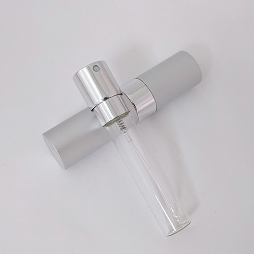 Matte silver color retractable 8ml perfume atomizer with shiny middle ring custom logo printing travel size perfume bottle