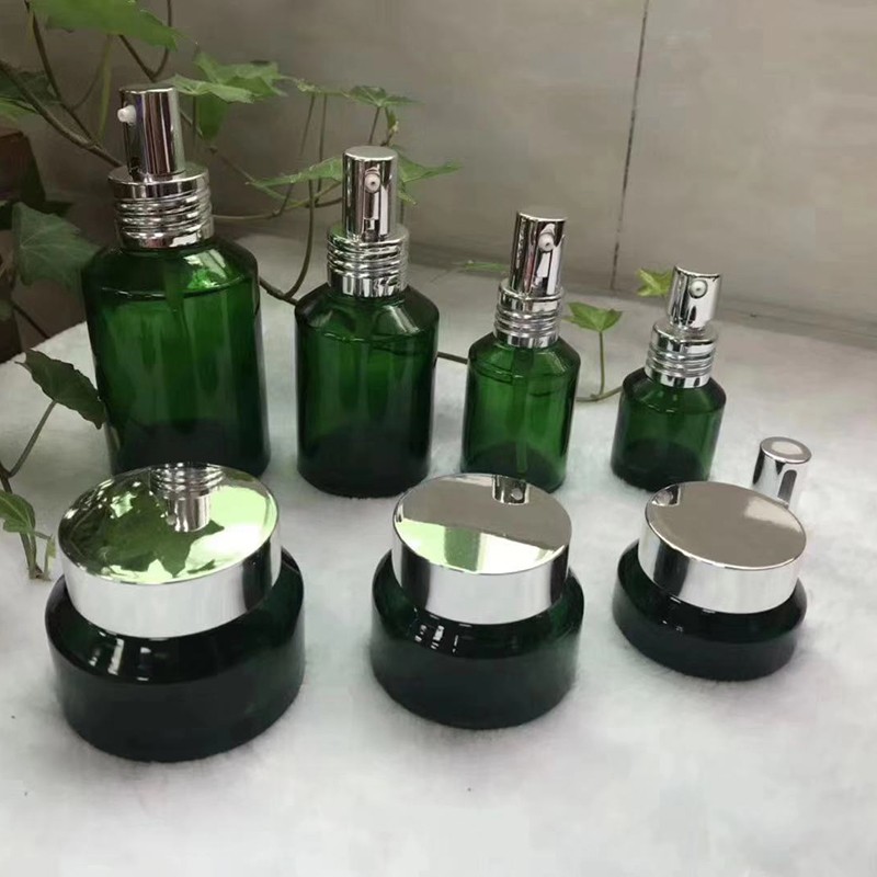 Round green spray color glass jar with body butter cream jar packaging