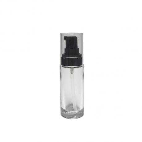 Elegance Packaging Empty 35Ml Cylinder Glass Bottle Black Lotion Pump Transparent Cap 20/4100 Neck Size