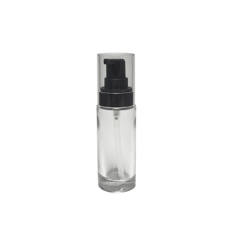 Elegance Packaging Empty 35Ml Cylinder Glass Bottle Black Lotion Pump Transparent Cap 20/4100 Neck Size