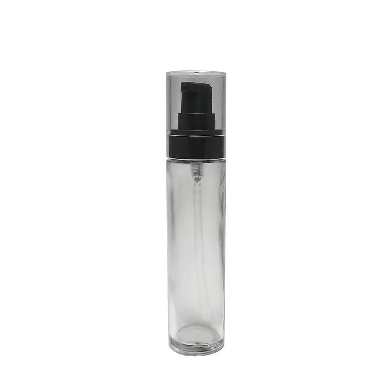 High style empty 45ml cylinder tall shape glass bottle custom logo printing black lotion pump transparent cap
