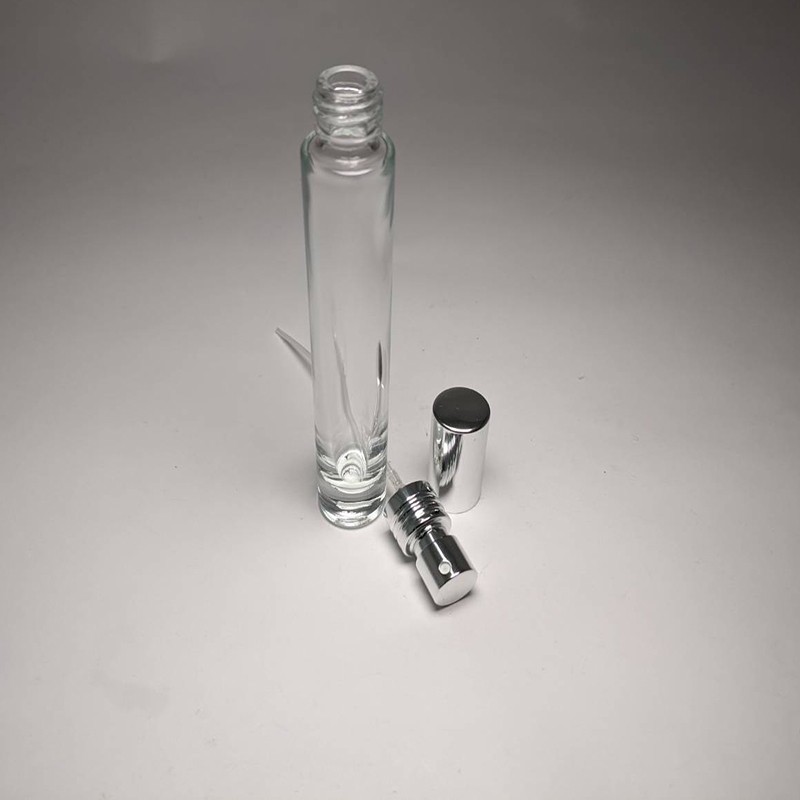 Pocket size 10ml empty cylinder shape glass bottle with perfume sprayer 13/415 screw neck aluminum sprayer and cap