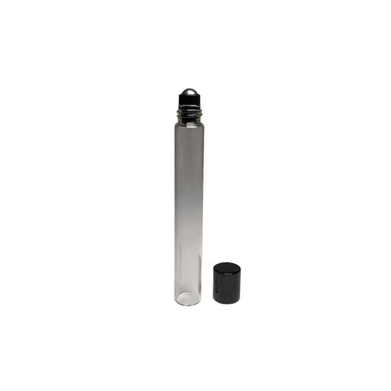 Best selling item 10ml glass bottle in cylinder shape black color crew cap roll on applicator essential oil bottle