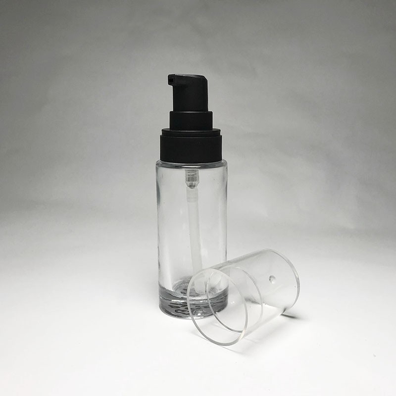 Elegance Packaging Empty 35Ml Cylinder Glass Bottle Black Lotion Pump Transparent Cap 20/4100 Neck Size