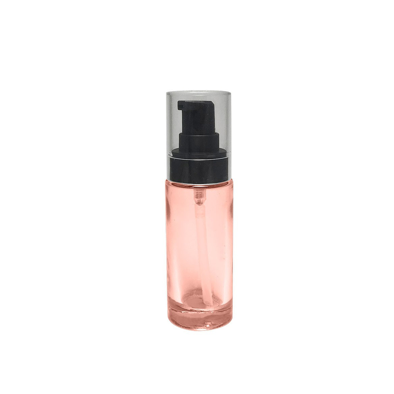 Customized semi transparent pink color empty 35ml cylinder glass bottle for facial skincare lotion pump with transparent cap