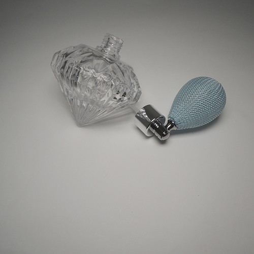 Elegance design diamond shape glass bottle empty 35ml customization turquoise perfume glass bottle flat head bulb atomizer