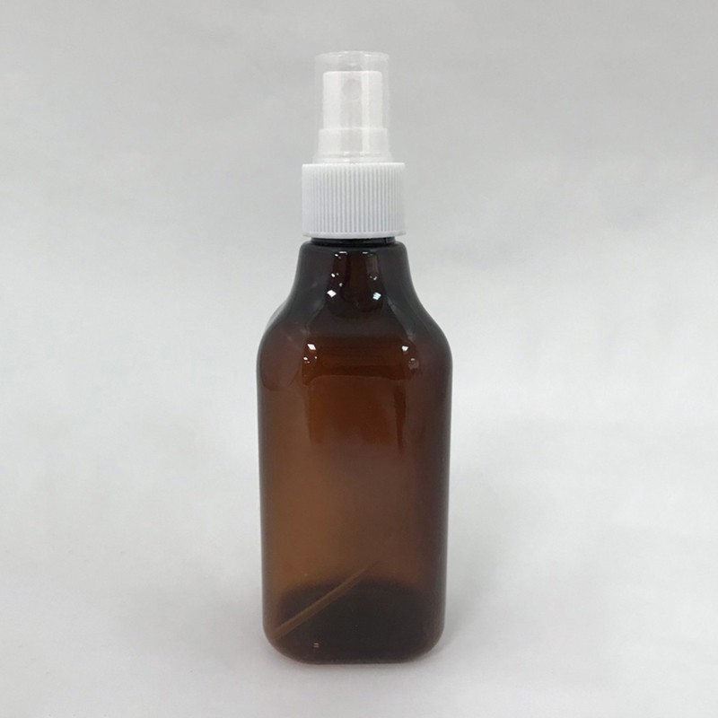 Best seller empty 200ml square shape plastic bottle injection amber color with plastic mist sprayer white color ribbed collar