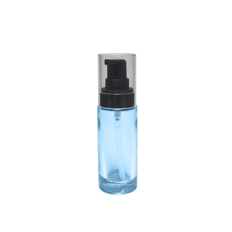 Custom blue color semi transparent glass bottle empty 35ml cylinder shape customization logo printing with black lotion treatment pump