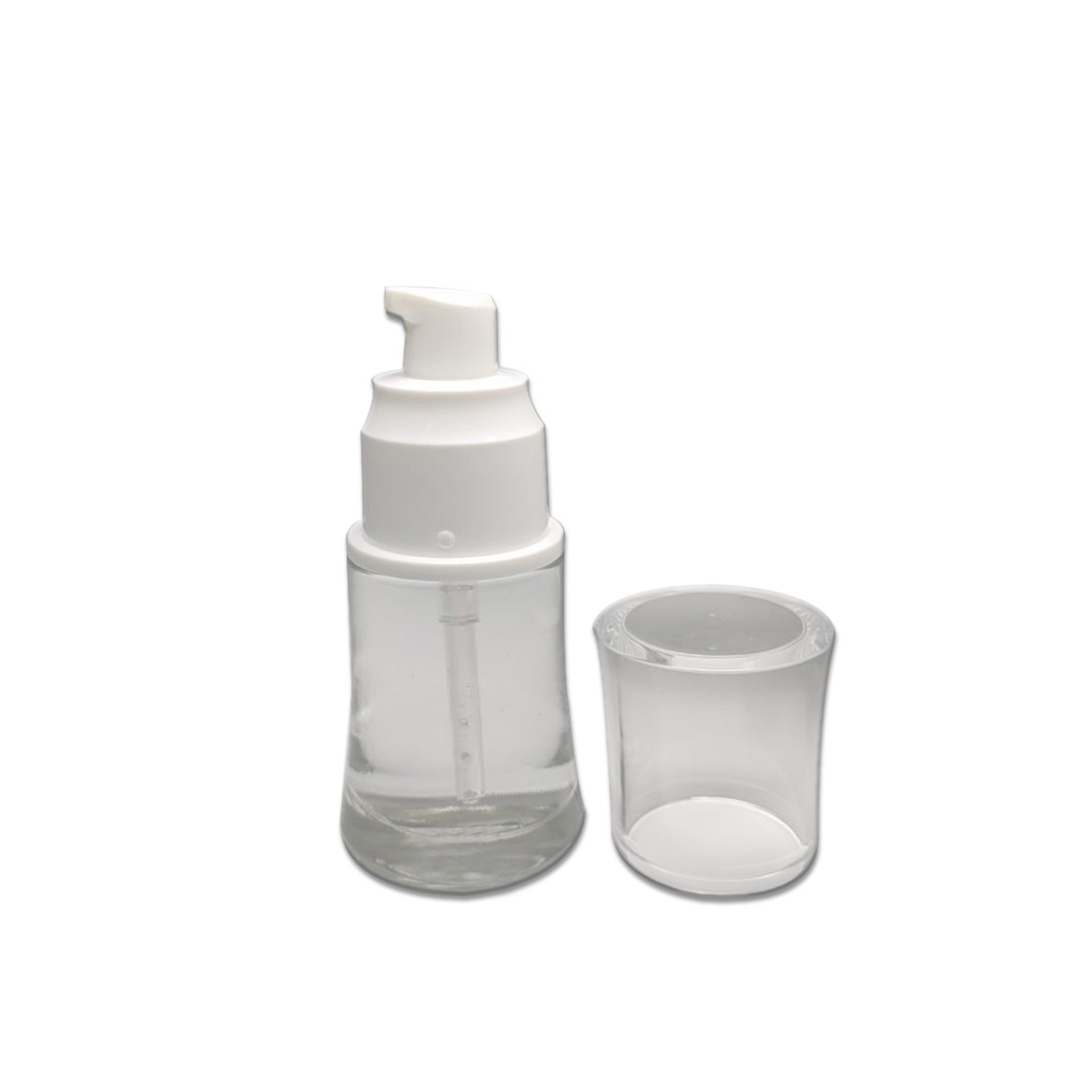 Unique shape glass bottle 30ml capacity 20/410 neck size lotion pump for foundation and skincare packaging