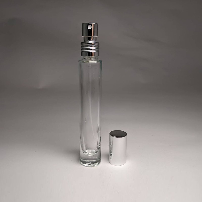 Customization perfume glass bottle 10ml tall cylinder fragrance empty glass packaging with liquid sprayer silver aluminum material