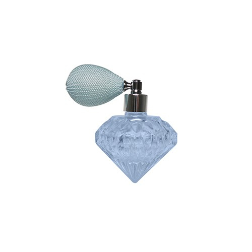Custom color semi transparent glass bottle 35ml capacity unique diamond shape with liquid bulb atomizer light blue net color 18/415 neck siz