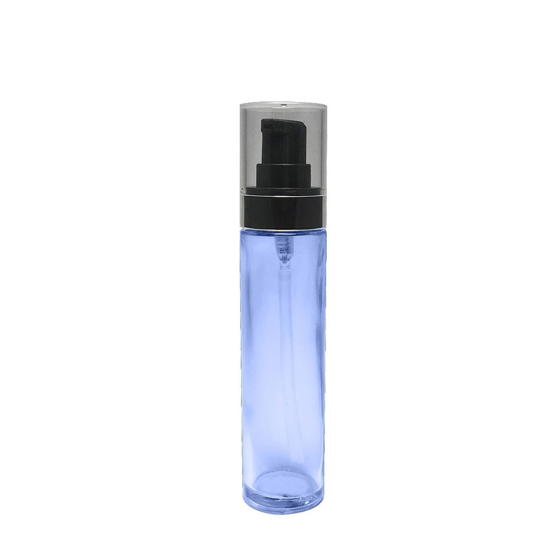 Best deal cylinder slim shape 45ml glass bottle customization semi transparent color 20/400 neck size black lotion treatment pump