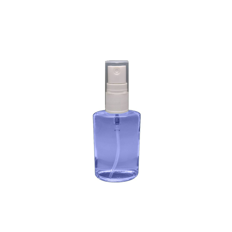 Custom purple color glass bottle empty 35ml oval shape with 18/415 plastic liquid mist sprayer and PP cap